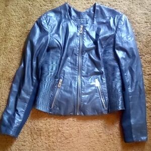 Via Spiga Moto Black Butter Leather Jacket Gold Zippers Ruched Sides Size S